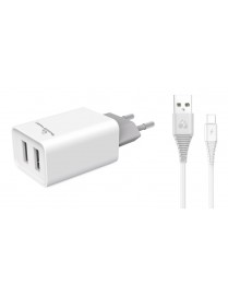 POWERTECH Φορτιστής τοίχου & καλώδιο Micro USB PT-775, 2x USB, 2.1A