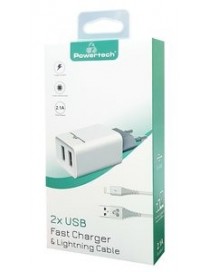 POWERTECH Φορτιστής τοίχου & καλώδιο Lightning PT-777, 2x USB, 2.1A