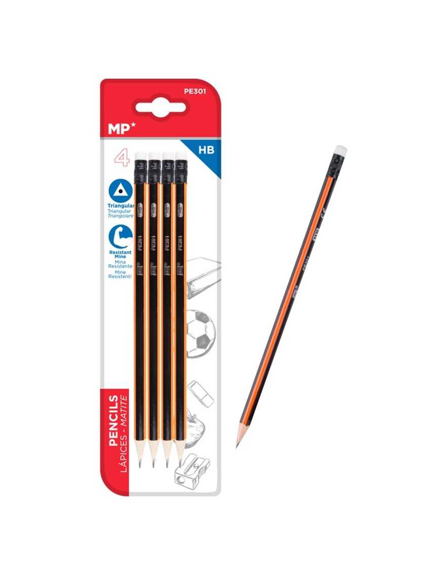 MP ξύλινο μολύβι με γόμα PE301, τρίγωνο, HB, 4τμχ