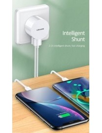 USAMS φορτιστής τοίχου T20 & καλώδιο Lightning, 2x USB, 2.1A, λευκός