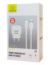 USAMS φορτιστής τοίχου T20 & καλώδιο Lightning, 2x USB, 2.1A, λευκός