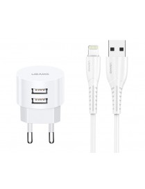 USAMS φορτιστής τοίχου T20 & καλώδιο Lightning, 2x USB, 2.1A, λευκός