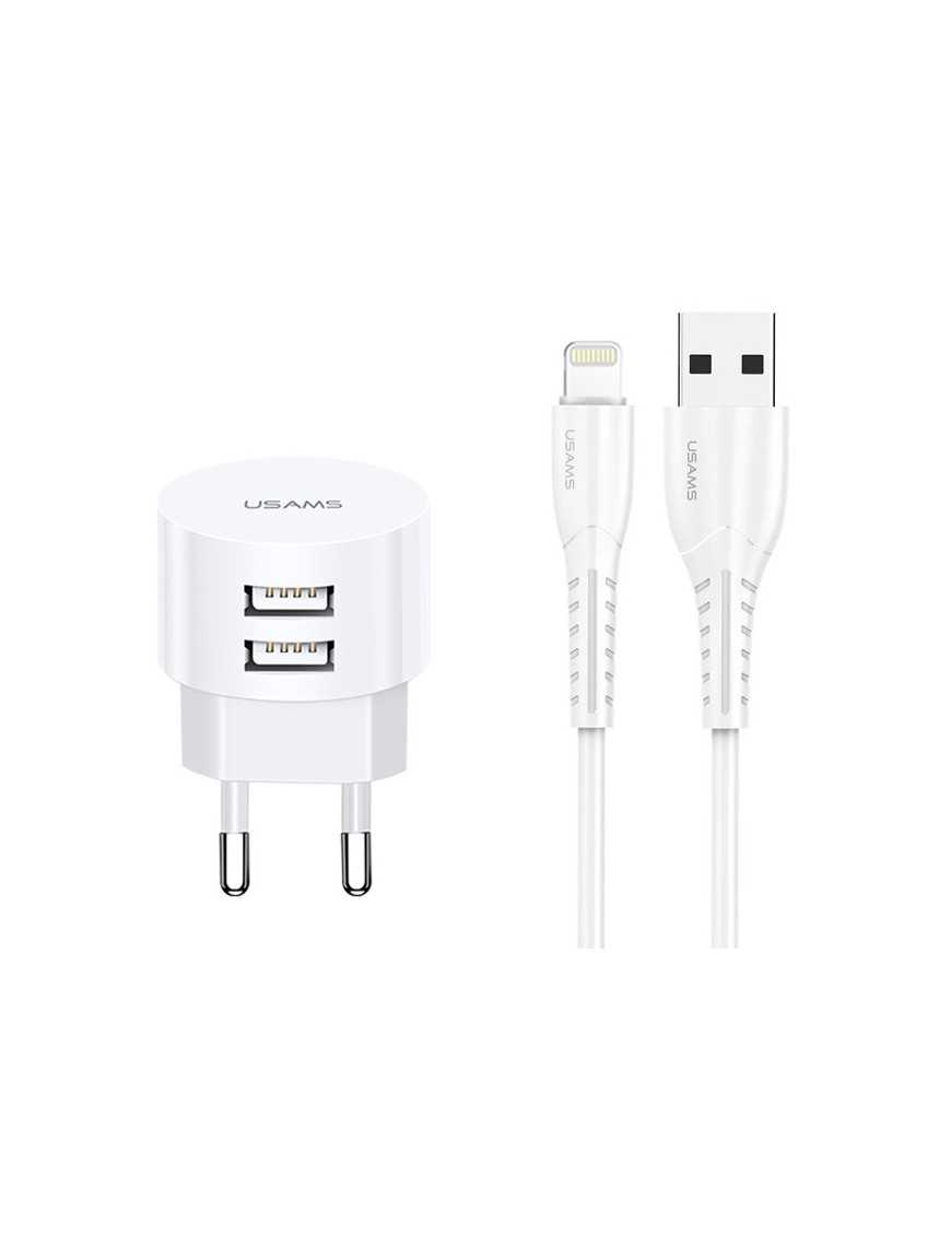 USAMS φορτιστής τοίχου T20 & καλώδιο Lightning, 2x USB, 2.1A, λευκός