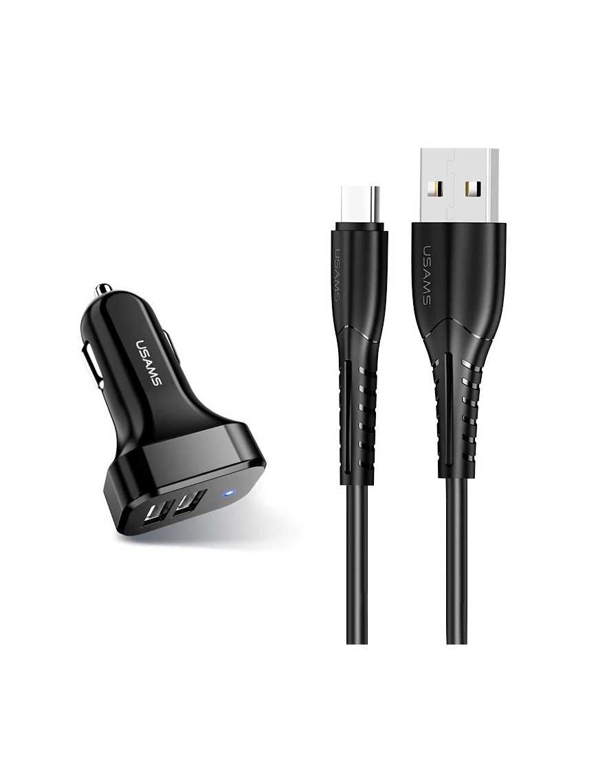 USAMS φορτιστής αυτοκινήτου C13 & καλώδιο type-C, 2x USB, 2.1A, μαύρο