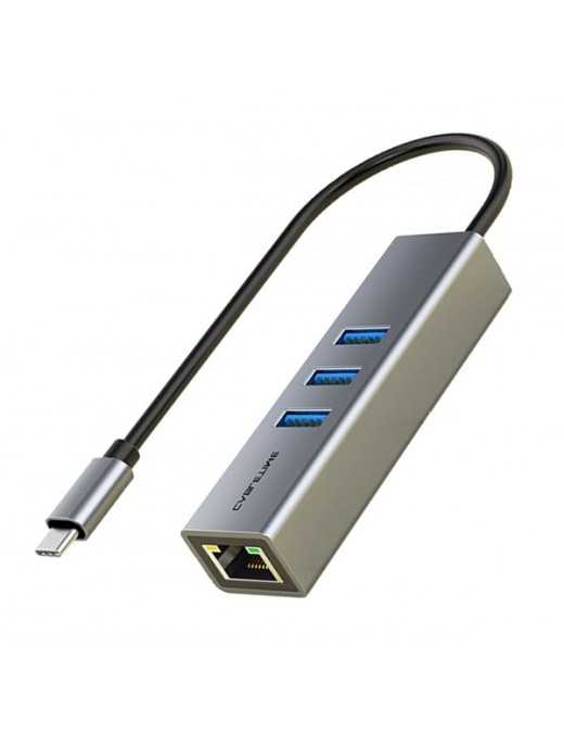 CABLETIME USB-C hub CT-CMLU3, RJ45 & 3x USB θύρες, 5Gbps, 1000Mbps, γκρι