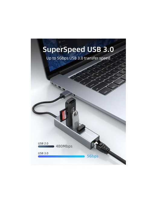 CABLETIME USB hub CT-AMLU3, RJ45 & 3x USB θύρες, 5Gbps, 1000Mbps, γκρι