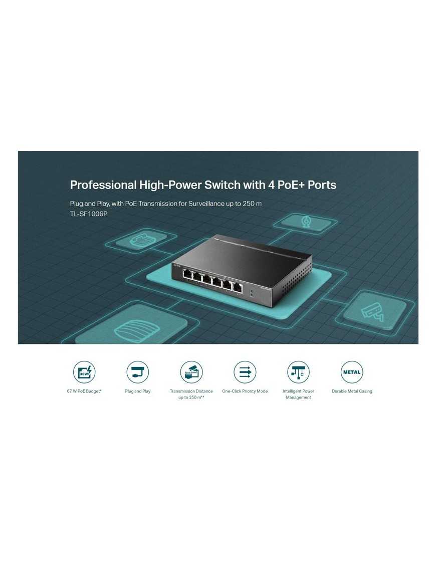 TP-LINK desktop switch TL-SF1006P, 6-Port 10/100Mbps, 4x PoE+, Ver. 1.0