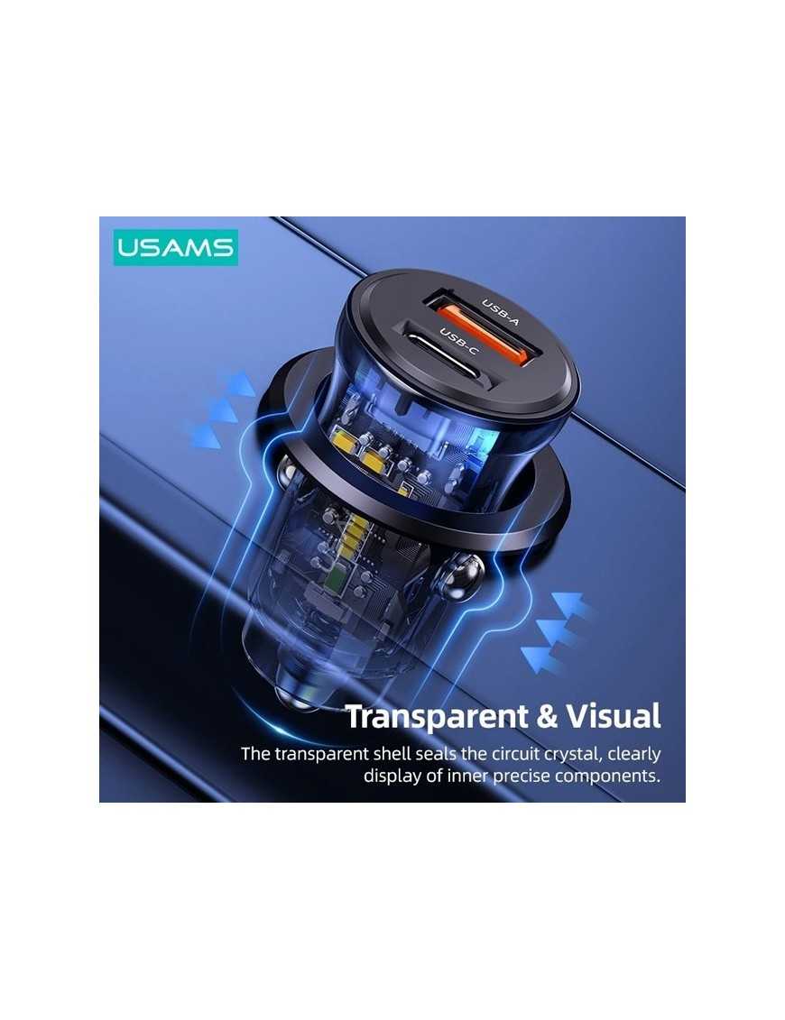 USAMS φορτιστής αυτοκινήτου US-CC164, USB & USB-C, 30W, μπλε