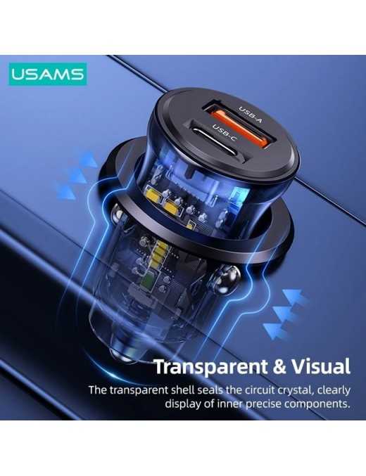 USAMS φορτιστής αυτοκινήτου US-CC164, USB & USB-C, 30W, μπλε