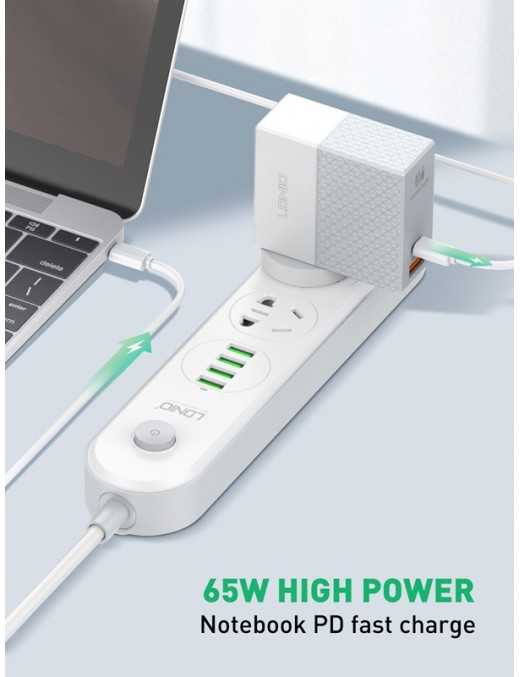 LDNIO φορτιστής τοίχου A2620C με καλώδιο, USB & USB-C, 65W PD, λευκός
