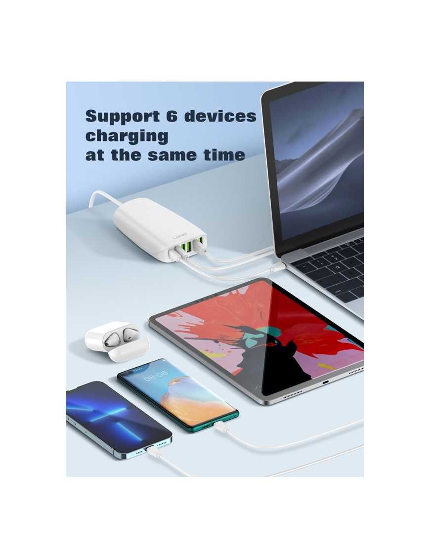 LDNIO σταθμός φόρτισης A6573C, USB-C/5x USB, 65W, PD/QC, λευκός