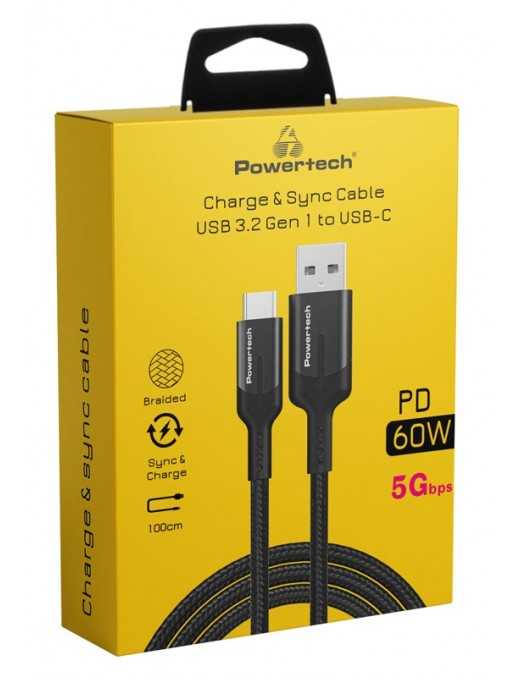 POWERTECH καλώδιο USB σε USB-C PTR-0134 PD 60W, 5Gbps, copper, 1m, μαύρο