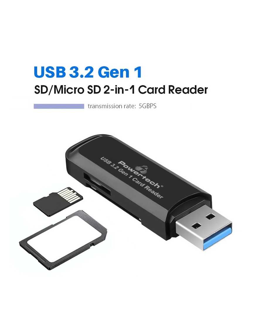 POWERTECH card reader PT-1112 για SD & micro SD, USB 3.2, 5Gbps, μαύρο