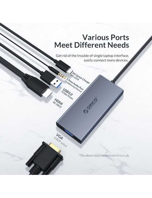 ORICO docking station MC-U501P, 5 θυρών, USB-C σύνδεση, 60W PD, 4K, γκρι