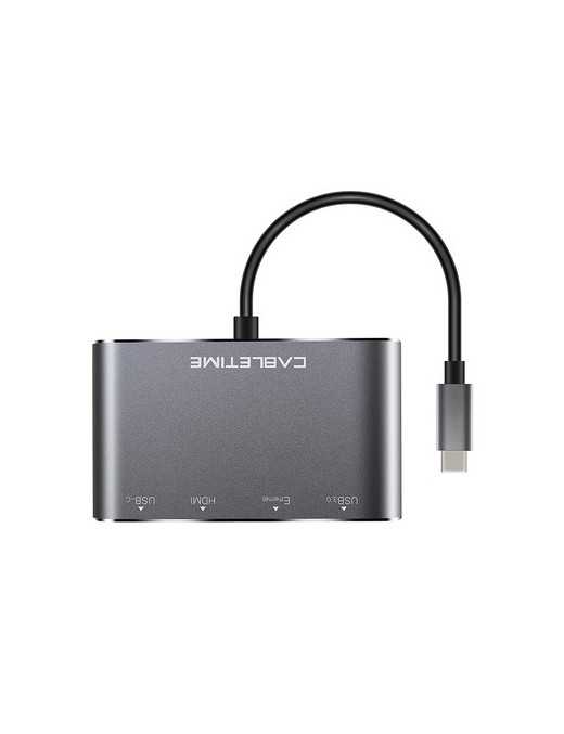 CABLETIME docking station CMHD41, 4 θυρών, USB-C, 20V/3A PD, 4K, γκρι