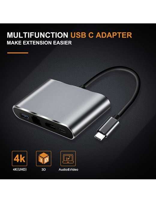 CABLETIME docking station CMHD41, 4 θυρών, USB-C, 20V/3A PD, 4K, γκρι