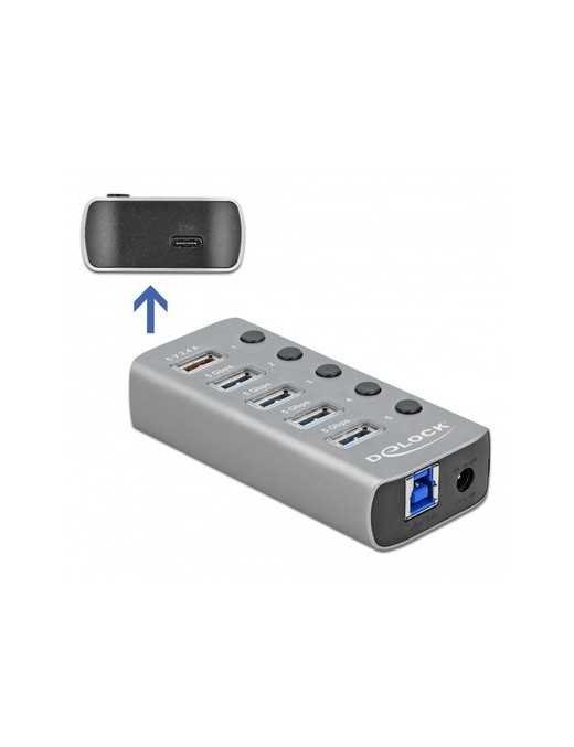 DELOCK USB hub 63263 με διακόπτες, 6x θυρών, 5Gbps, 12V/2.25A PD, γκρι