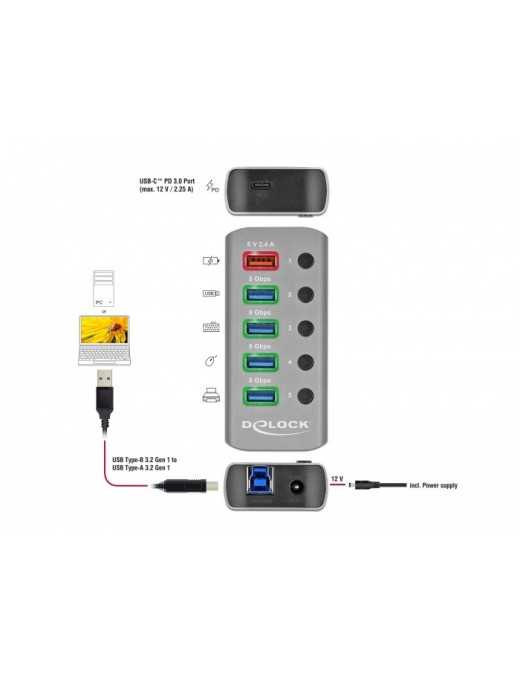 DELOCK USB hub 63263 με διακόπτες, 6x θυρών, 5Gbps, 12V/2.25A PD, γκρι