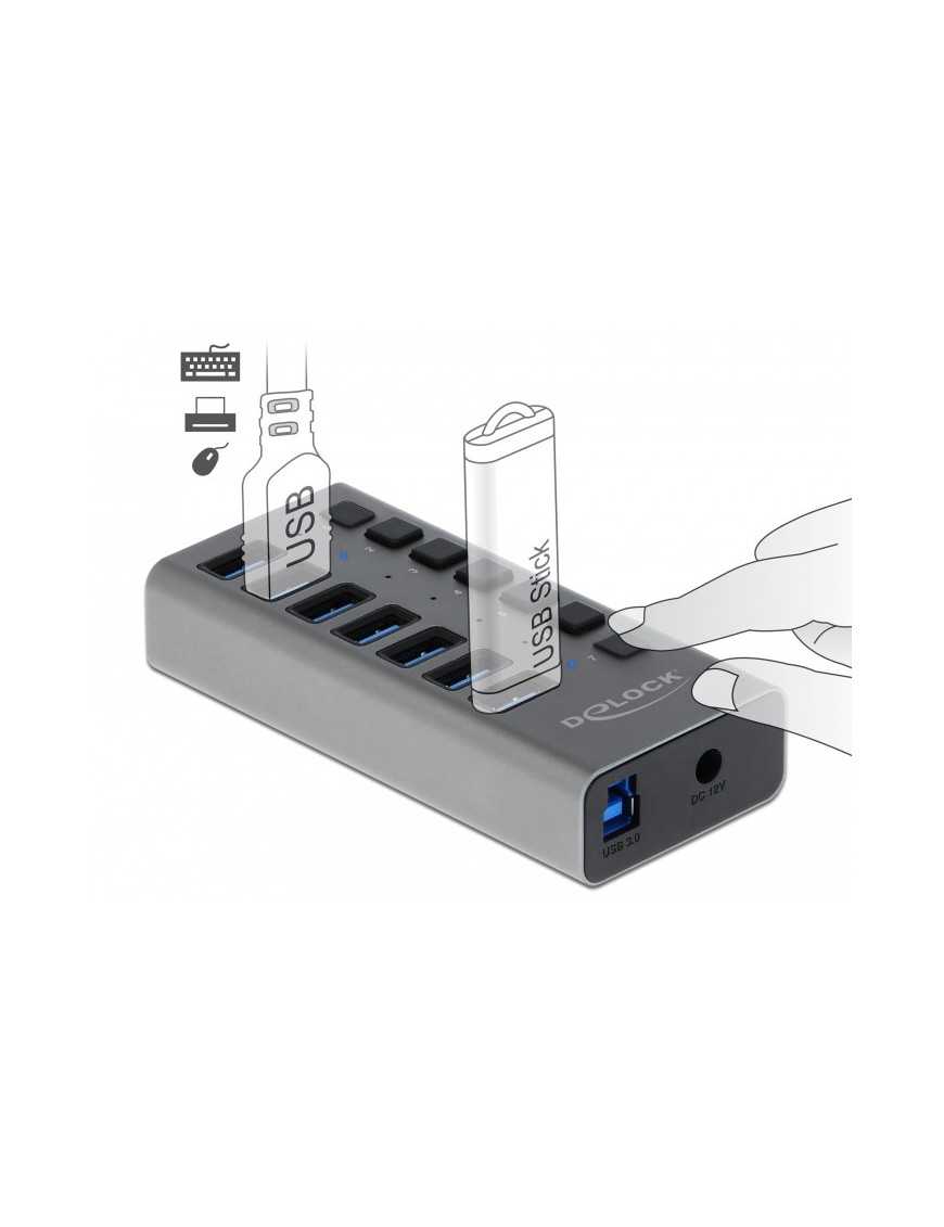 DELOCK USB hub 63669 με διακόπτες, 7x θυρών, 5Gbps, γκρι