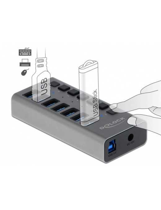 DELOCK USB hub 63669 με διακόπτες, 7x θυρών, 5Gbps, γκρι