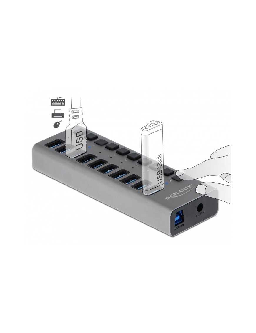 DELOCK USB hub 63670 με διακόπτες, 10x θυρών, 5Gbps, γκρι