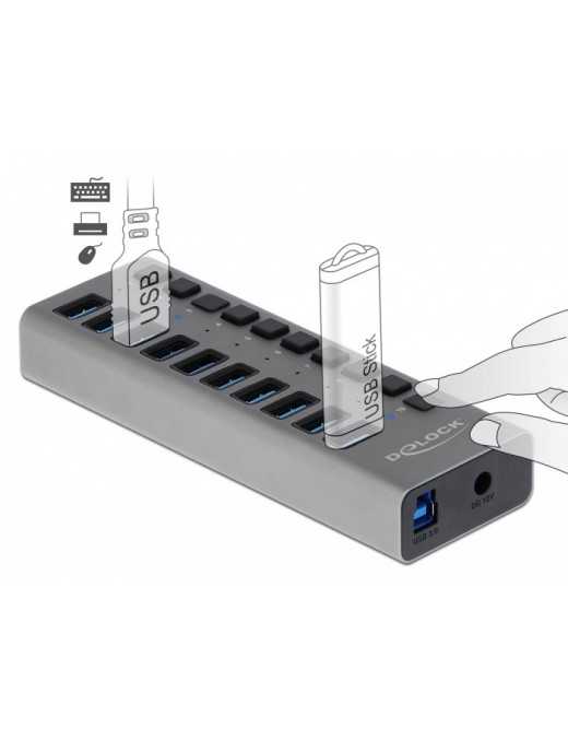 DELOCK USB hub 63670 με διακόπτες, 10x θυρών, 5Gbps, γκρι
