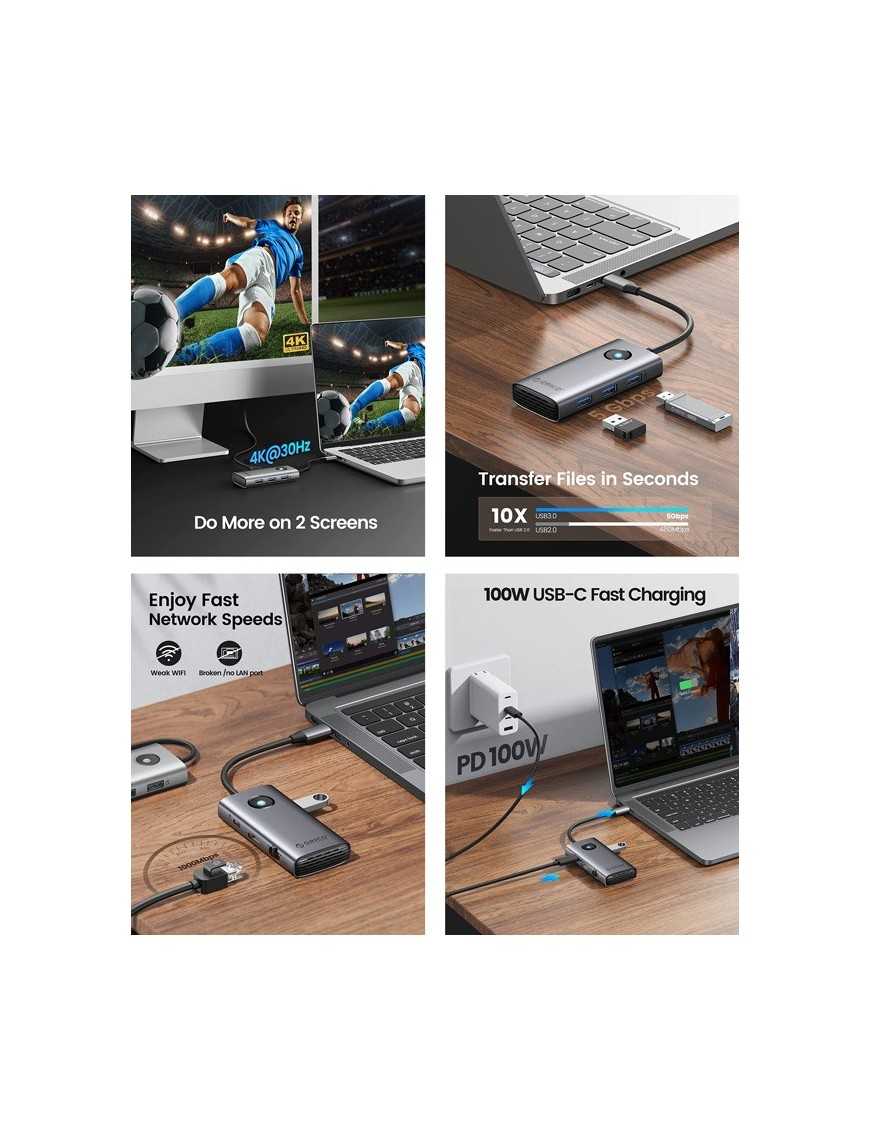 ORICO docking station PW11-6PR, 6 θυρών, USB-C σύνδεση, 100W PD 4K, γκρι