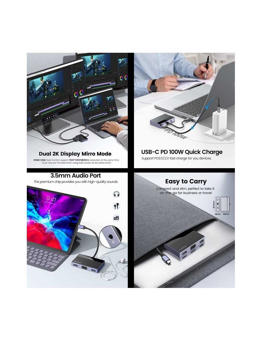 ORICO docking station DM-5P, 5 θυρών, USB-C σύνδεση, 100W PD, 4K, μαύρο