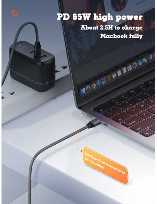 LDNIO καλώδιο USB-C σε USB-C LC442C, 65W PD, 2m, γκρι LDNIO καλώδιο USB-C σε USB-C LC442C, 65W PD, 2m, γκρι