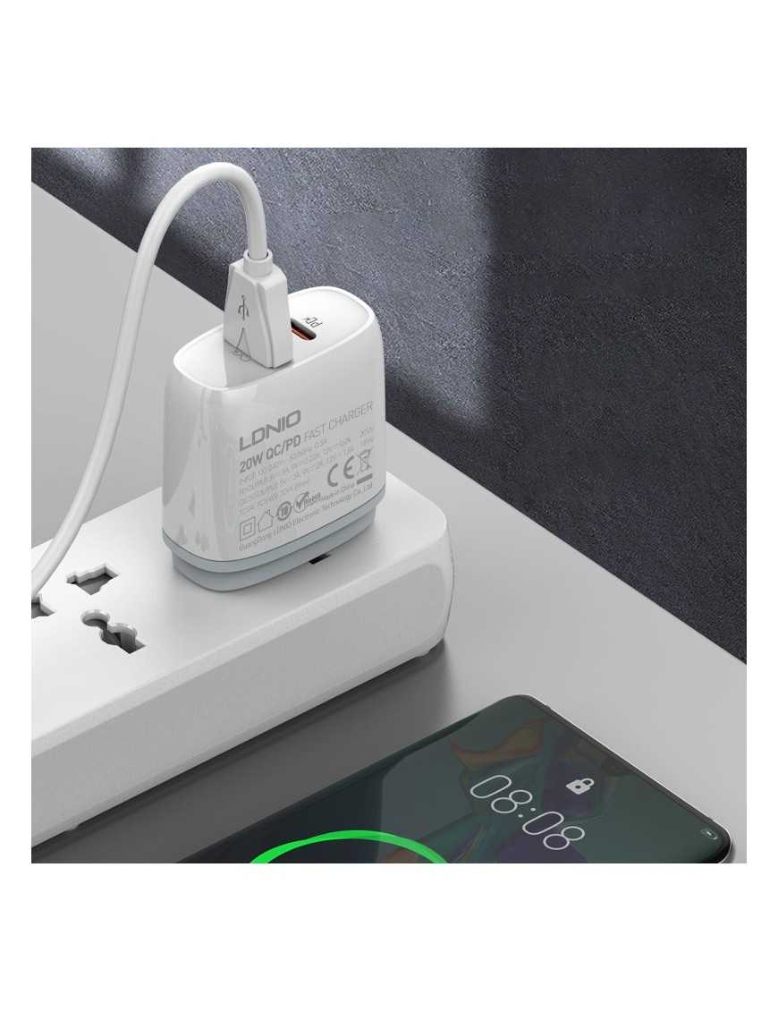 LDNIO φορτιστής τοίχου Q229 με καλώδιο, USB & USB-C, 20W PD, λευκός