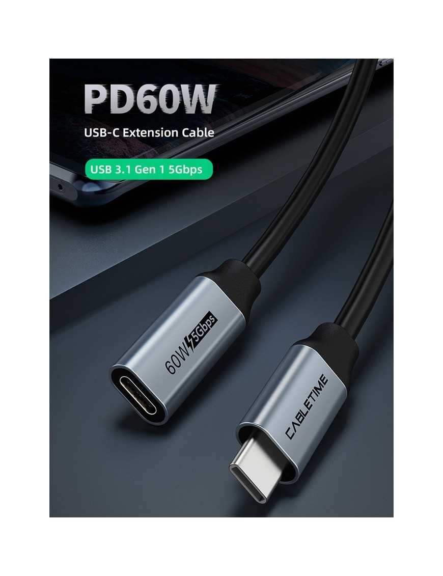 CABLETIME καλώδιο προέκτασης USB-C CMCF60, 60W, 5Gbps, 4K, 0.5m, μαύρο