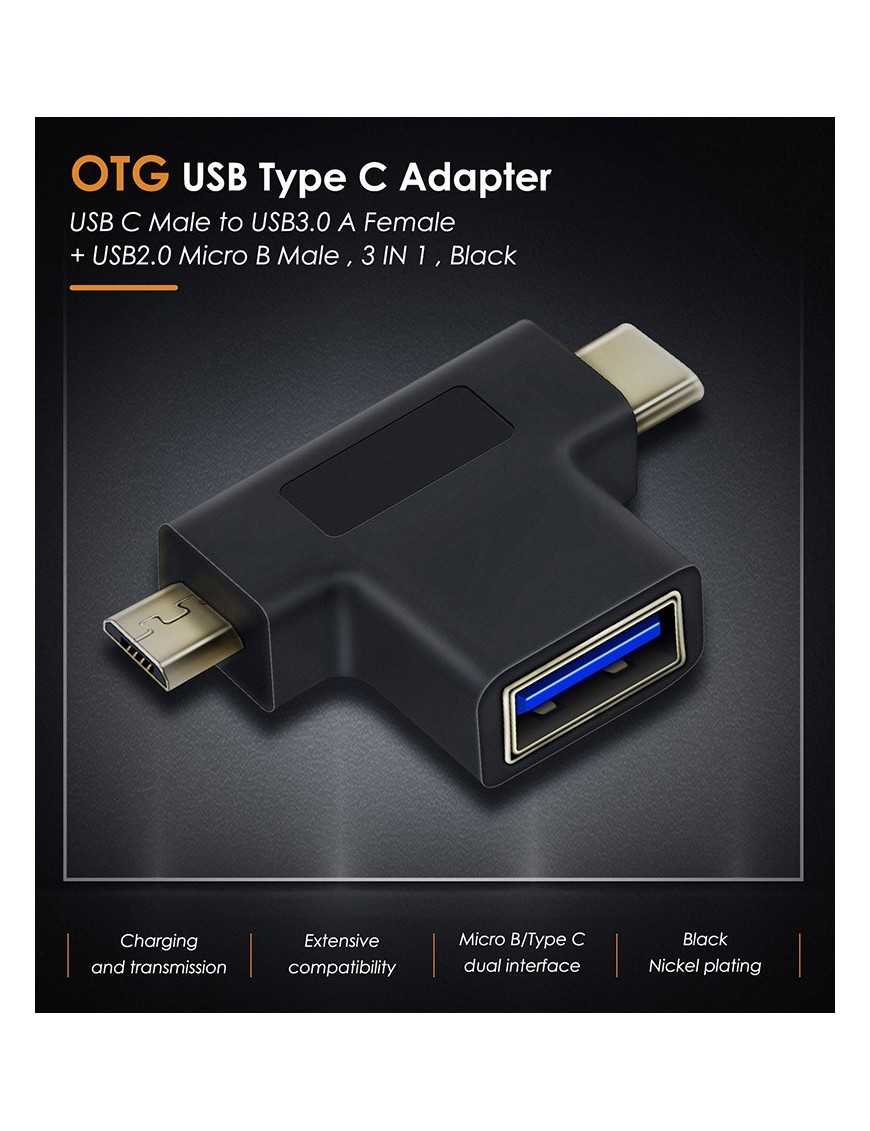 CABLETIME αντάπτορας USB σε USB-C & micro USB CT-3IN1-AB, 5Gbps, μαύρος