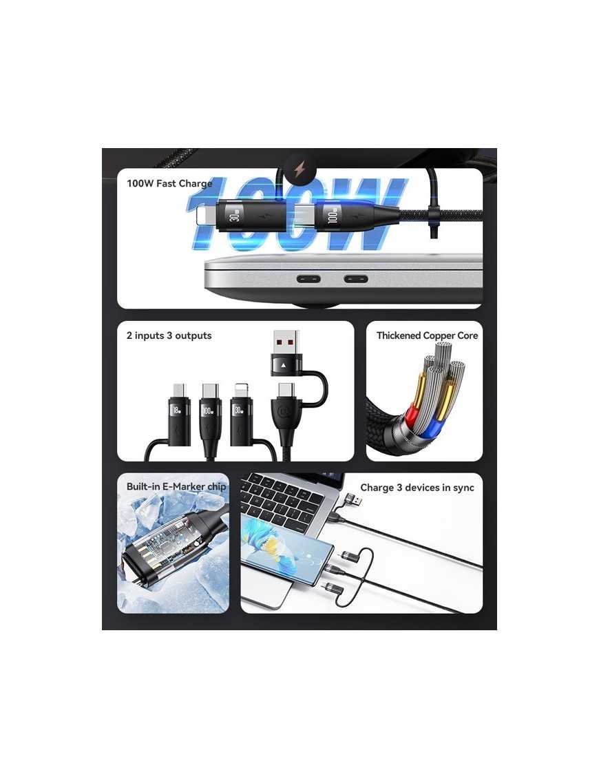 USAMS καλώδιο USB/USB-C σε 3 in 1 US-SJ646, PD 100W, 2m, μαύρο