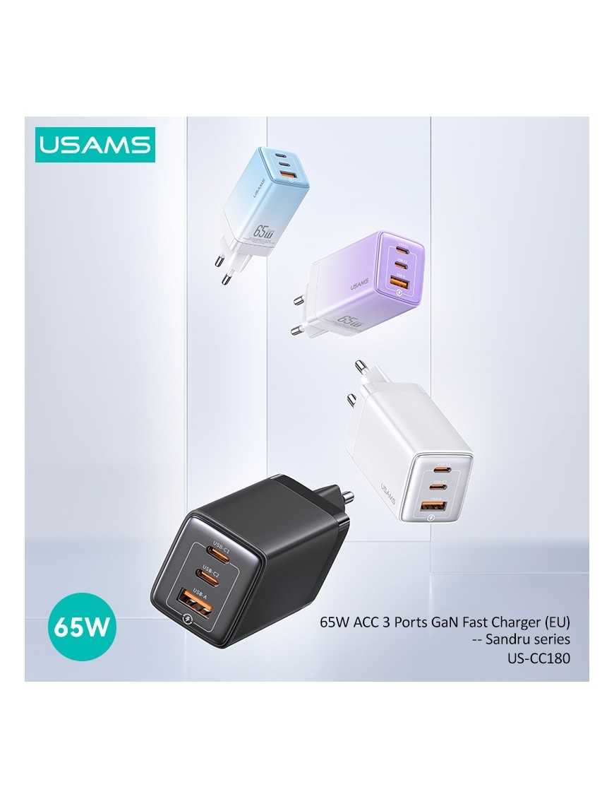 USAMS φορτιστής τοίχου US-CC180, USB & 2x USB-C, 65W PD, GaN, μαύρος