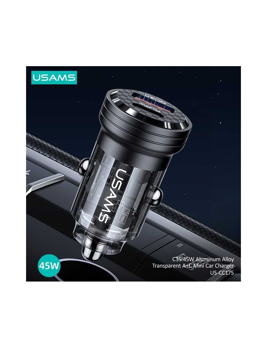 USAMS φορτιστής αυτοκινήτου US-CC175, USB & USB-C, 45W, QC & PD, μαύρος