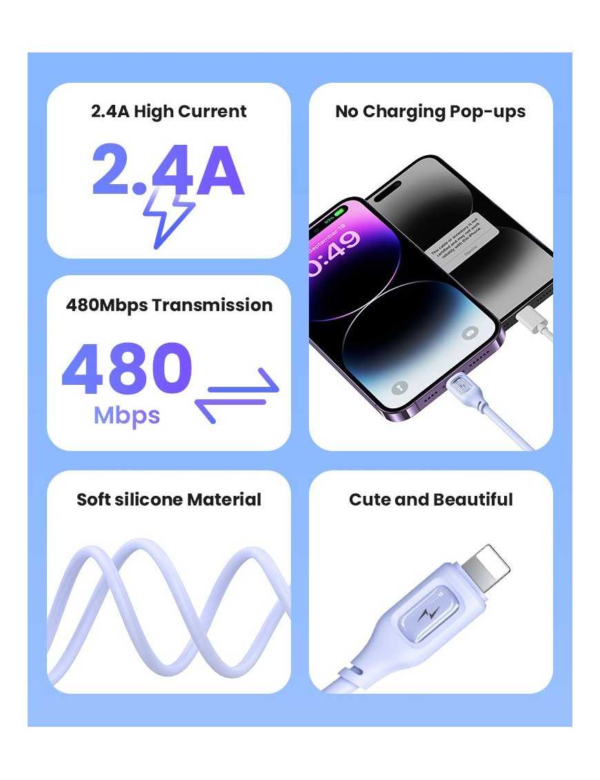 USAMS καλώδιο Lightning σε USB US-SJ618, 12W, 1m, μωβ