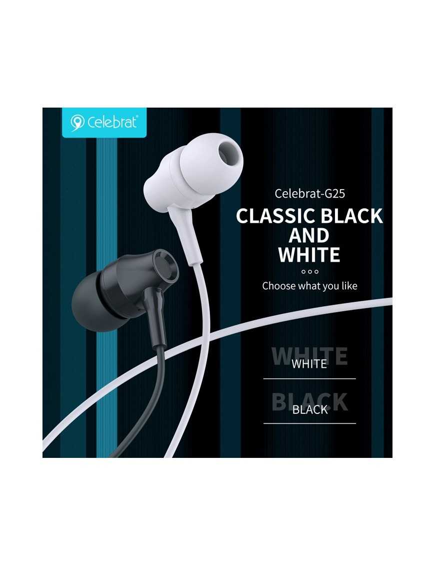 CELEBRAT earphones με μικρόφωνο G25, 3.5mm σύνδεση, Φ10mm, 1.2m, λευκά