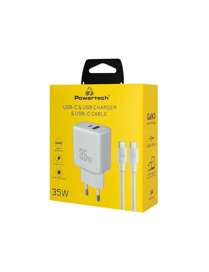 POWERTECH φορτιστής τοίχου PT-1179, καλώδιο, USB/USB-C, 35W, GaN, λευκός