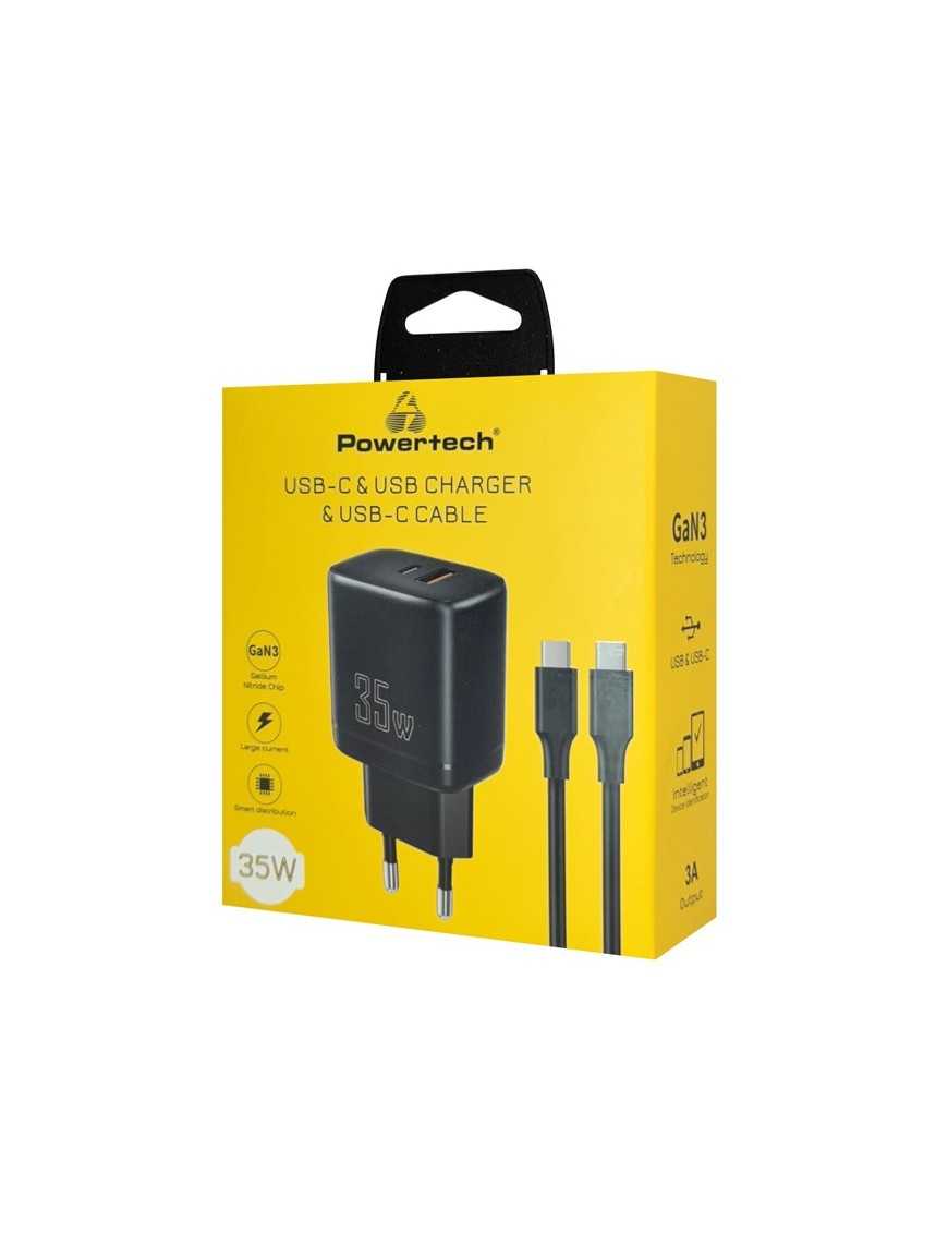 POWERTECH φορτιστής τοίχου PT-1180, καλώδιο, USB/USB-C, 35W, GaN, μαύρος