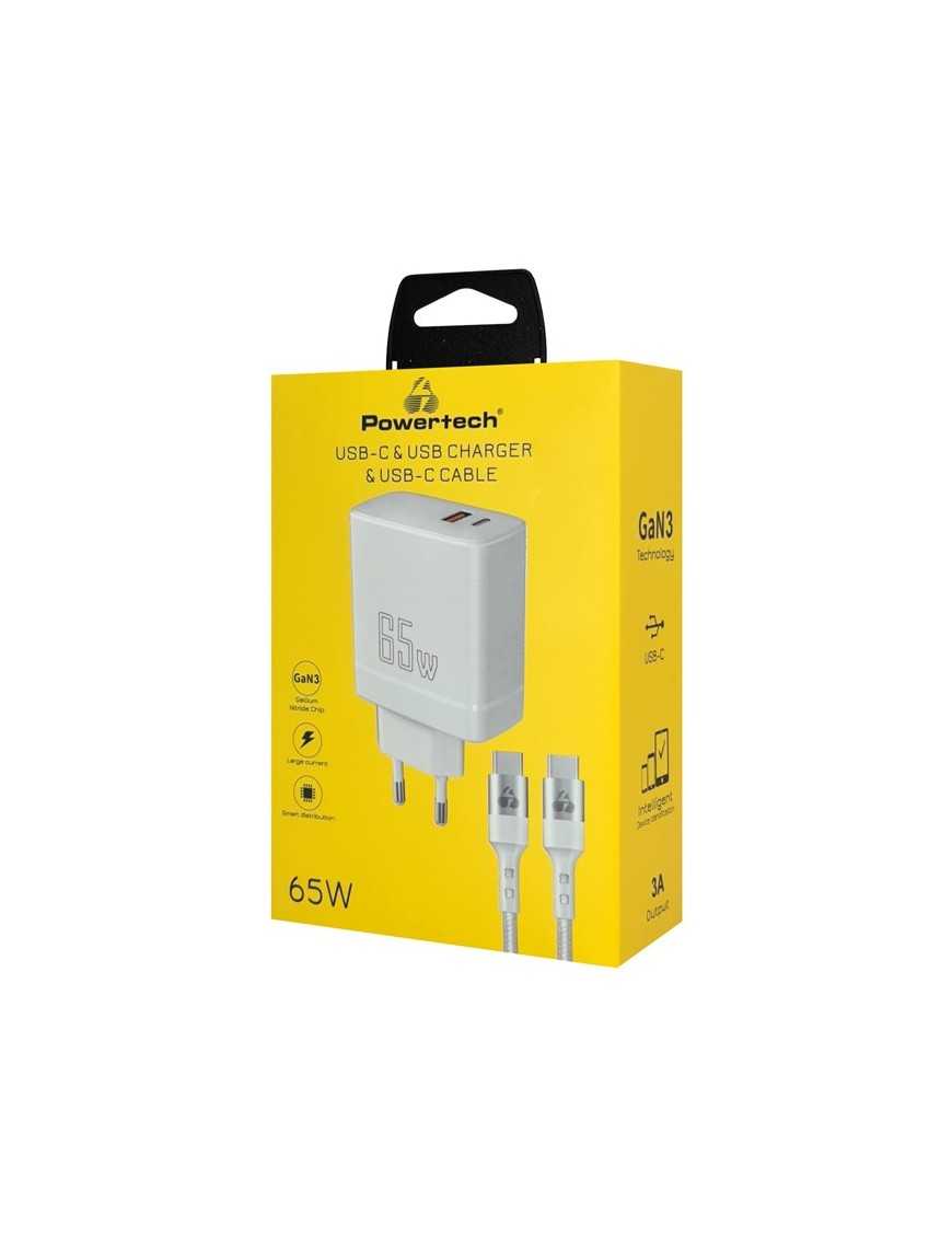 POWERTECH φορτιστής τοίχου PT-1182, καλώδιο, USB/USB-C, 65W, GaN, λευκός