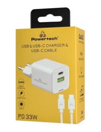 POWERTECH φορτιστής τοίχου PT-1224, καλώδιο, USB/USB-C, 33W, GaN, λευκός