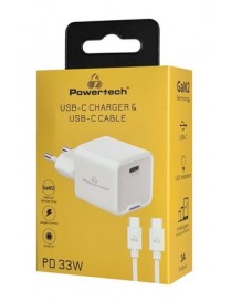 POWERTECH φορτιστής τοίχου PT-1225 με καλώδιο, USB-C, 33W, GaN, λευκός