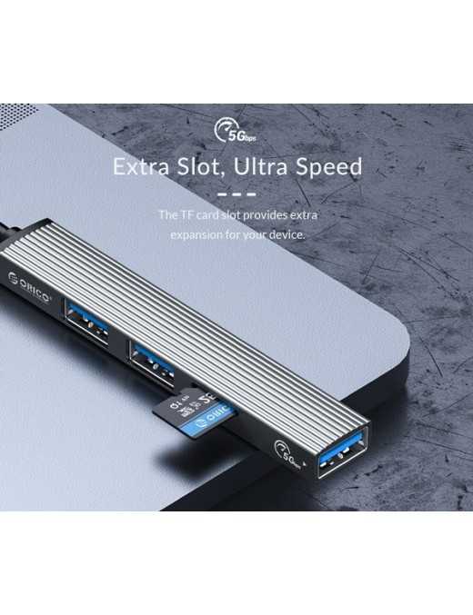 ORICO USB hub AH-12F με card reader, 3 θυρών, 5Gbps, USB-C σύνδεση, γκρι