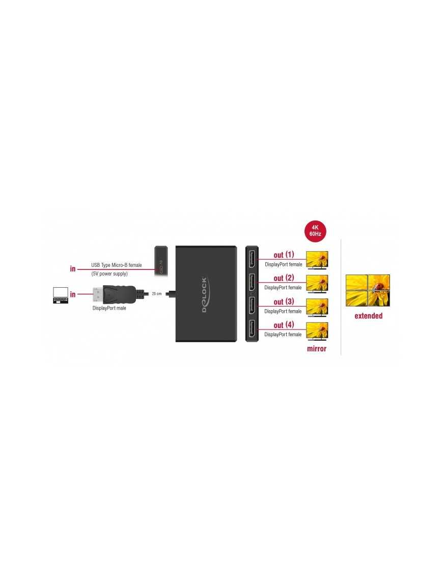 DELOCK DisplayPort splitter 87794, 4 σε 1, Dual Mode, 4K, μαύρο