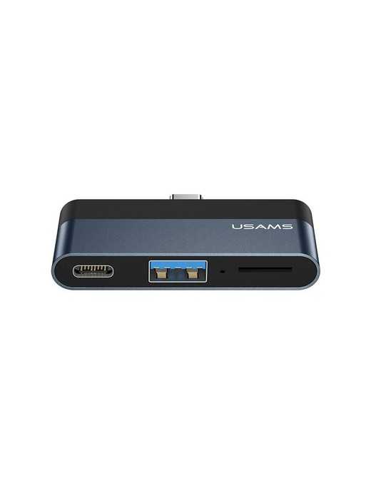 USAMS USB hub US-SJ491 με card reader, 2x θυρών, 5Gbps, 60W, USB-C, γκρι