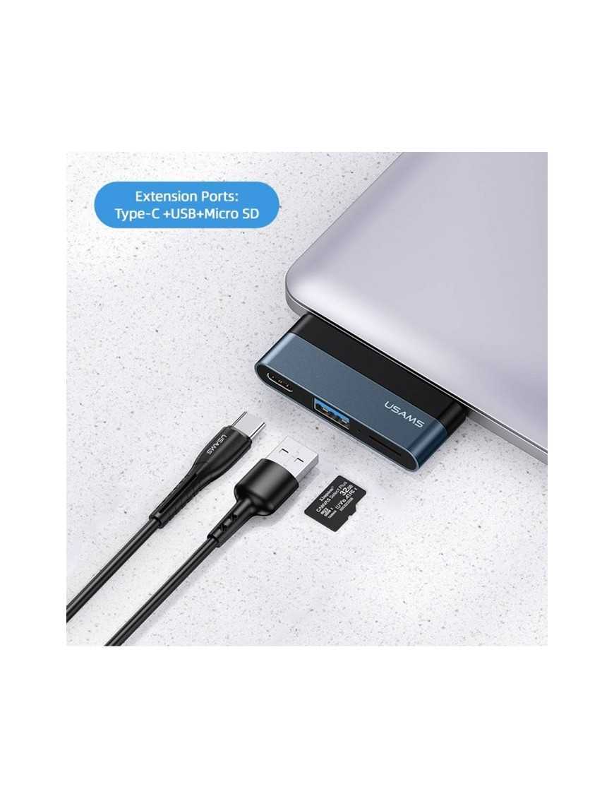 USAMS USB hub US-SJ491 με card reader, 2x θυρών, 5Gbps, 60W, USB-C, γκρι