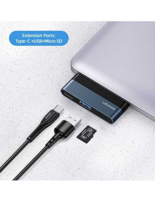 USAMS USB hub US-SJ491 με card reader, 2x θυρών, 5Gbps, 60W, USB-C, γκρι