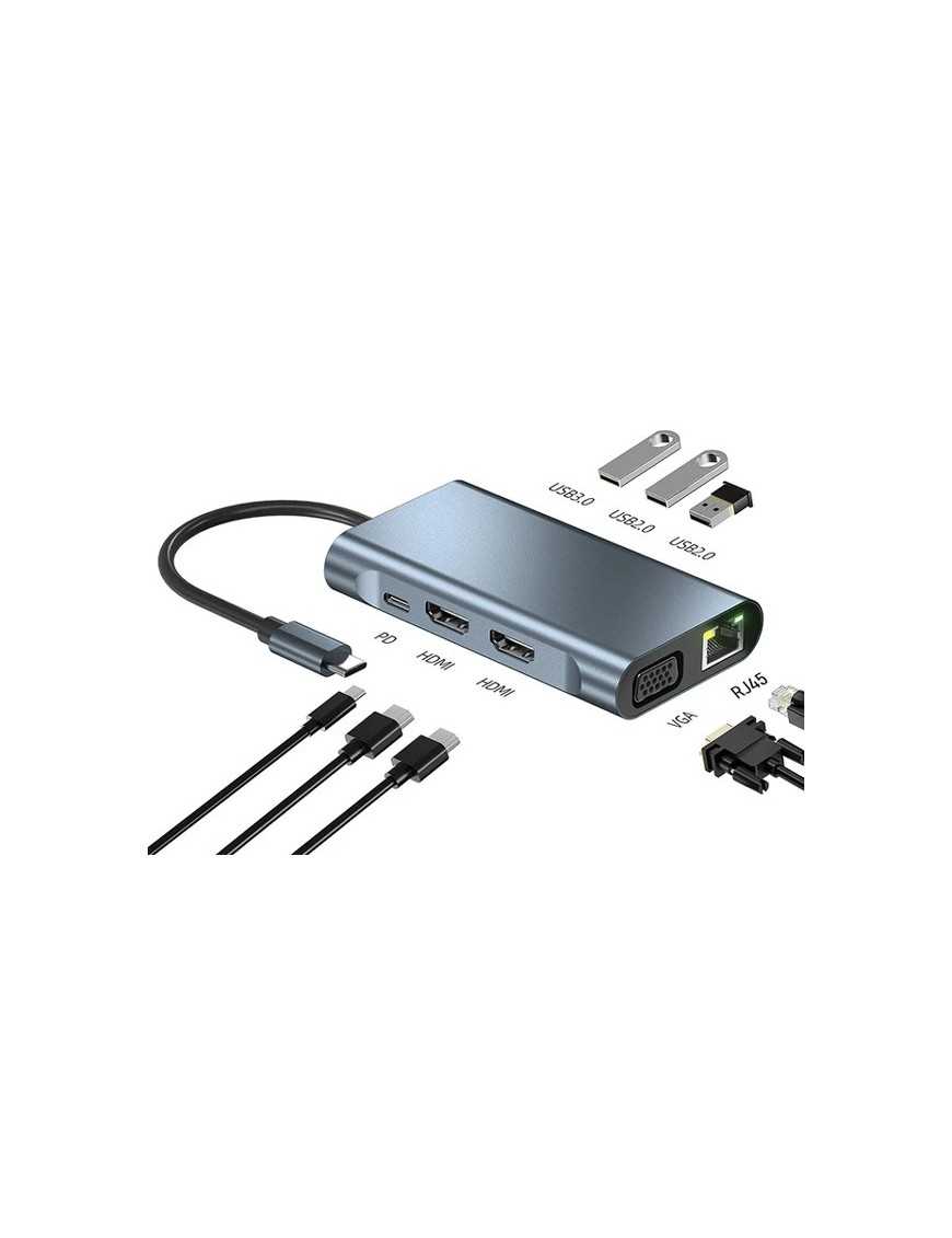 POWERTECH docking station BYL-2311 8 θυρών, USB-C σύνδεση, 100W PD, γκρι