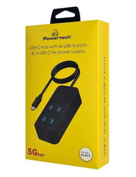POWERTECH USB 3.2 hub PTR-0156 4x θυρών, 5Gbps, USB-C σύνδεση, 1m, μαύρο