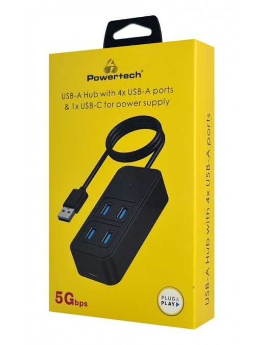 POWERTECH USB 3.2 hub PTR-0157, 4x θυρών, 5Gbps, USB σύνδεση, 1m, μαύρο